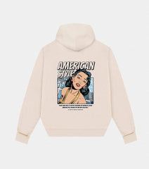 Beige American Style Hoodie featuring a retro graphic design on the back with bold text and a vintage illustration, perfect for casual wear.